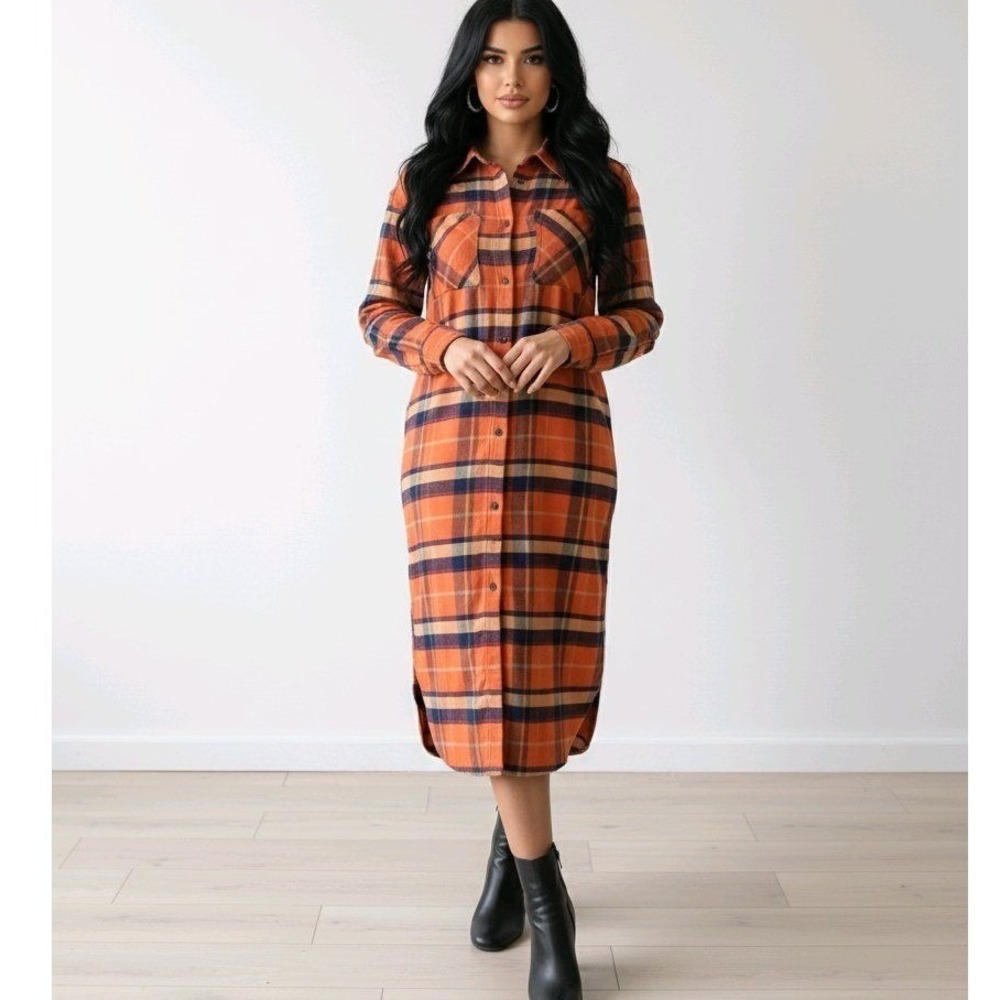 Button-Front Orange Plaid Midi Shirt Dress